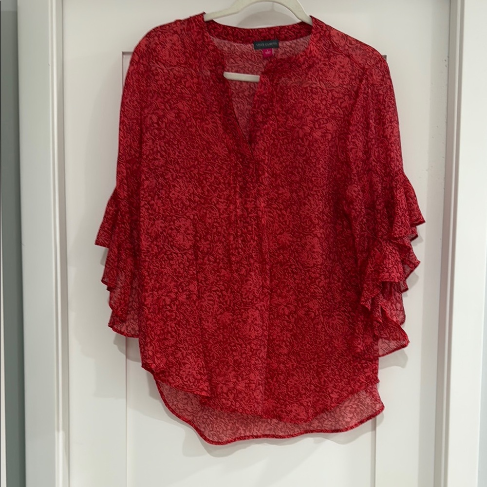 Vince Camuto Fun Flirty Red Flutter Sleeve Blouse with Mandarin Collar